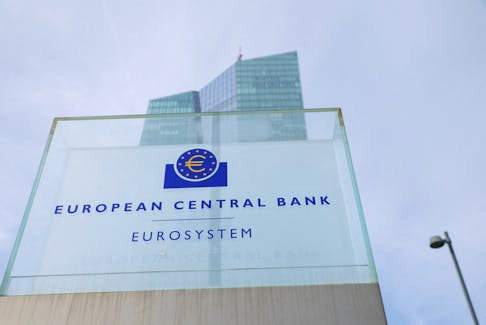 A view shows the logo of the European Central Bank (ECB) outside its headquarters in Frankfurt, Germany March 16, 2023.