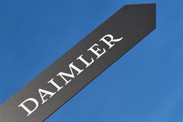 A sign showing the name of German truck maker Daimler is pictured at the IAA truck show in Hanover, September 22,  2016. 