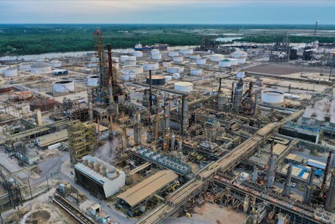 An aerial view of Exxon Mobil’s Beaumont oil refinery, which produces and packages Mobil 1 synthetic motor oil, in Beaumont, Texas, U.S., March 18, 2023.