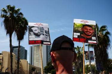 A person attends a protest as people call for the immediate release of Israeli hostages held in Gaza since the deadly October 7 attack on Israel by the Palestinian Islamist group Hamas, in Tel Aviv, Israel April 25, 2024.