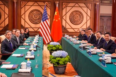 U.S. Secretary of State Antony Blinken attends a meeting with China's Minister of Public Security Wang Xiaohong at the Diaoyutai State Guesthouse, April 26, 2024, in Beijing, China.     Mark Schiefelbein/Pool via REUTERS
