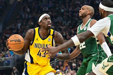 Apr 21, 2024; Milwaukee, Wisconsin, USA; Indiana Pacers forward Pascal Siakam (43) drives for the basket against Milwaukee Bucks forward Khris Middleton (22) in the second quarter during game one of the first round for the 2024 NBA playoffs at Fiserv Forum. Mandatory Credit: Benny Sieu-USA TODAY Sports/File Photo