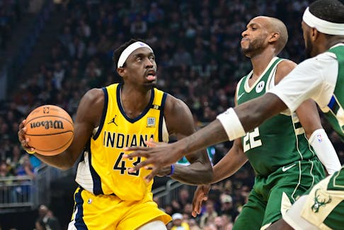 Apr 21, 2024; Milwaukee, Wisconsin, USA; Indiana Pacers forward Pascal Siakam (43) drives for the basket against Milwaukee Bucks forward Khris Middleton (22) in the second quarter during game one of the first round for the 2024 NBA playoffs at Fiserv Forum. Mandatory Credit: Benny Sieu-USA TODAY Sports/File Photo