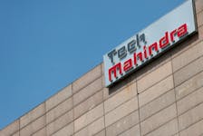 Tech Mahindra logo is seen on its office building in Noida on the outskirts of New Delhi, India March 7, 2019. Picture taken March 7, 2019.