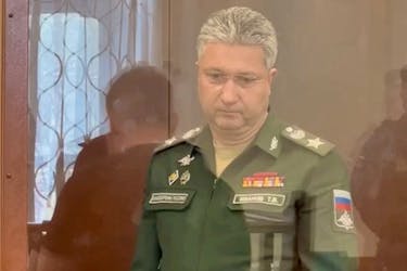 Russian Deputy Defence Minister Timur Ivanov detained on suspicion of taking major bribes attends a court hearing in Moscow, Russia, in this still image from video released April 24, 2024. Moscow City Court's Press Office/Handout via