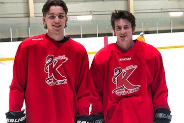 The Kensington Moase Plumbing and Heating Vipers’ Carson MacKay, left, and Reese Wyand take a break during a recent practice at the Gerard (Turk) Gallant Arena in Summerside. MacKay and Wyand have been longtime linemates, going back to their early years of minor hockey. The Vipers have clinched a semifinal berth in the 2024 Don Johnson Memorial Cup Atlantic Canada junior B hockey championship tournament in Mount Pearl, N.L. Jason Simmonds • The Guardian