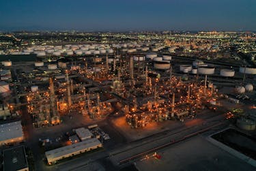 A general view of the Phillips 66 Company's Los Angeles Refinery, which processes domestic & imported crude oil into gasoline, aviation and diesel fuels, in Carson, California, U.S., March 11, 2022.