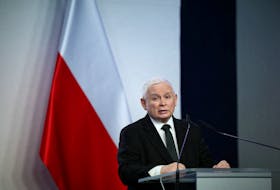 Poland's Law and Justice (PiS) party leader Jaroslaw Kaczynski speaks during a press conference at the party's headquarters in Warsaw, Poland, January 3, 2024.