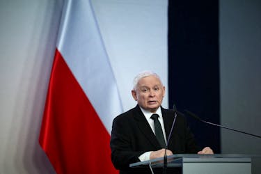 Poland's Law and Justice (PiS) party leader Jaroslaw Kaczynski speaks during a press conference at the party's headquarters in Warsaw, Poland, January 3, 2024.