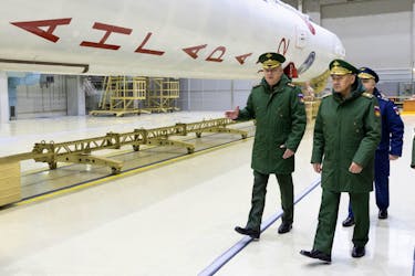 Russian Defence Minister Sergei Shoigu inspects the progress of construction and modernisation of infrastructure facilities at the Plesetsk cosmodrome in Arkhangelsk region, Russia, in this picture released April 24, 2024. Russian Defence Ministry/Handout via