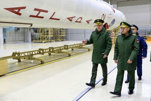 Russian Defence Minister Sergei Shoigu inspects the progress of construction and modernisation of infrastructure facilities at the Plesetsk cosmodrome in Arkhangelsk region, Russia, in this picture released April 24, 2024. Russian Defence Ministry/Handout via