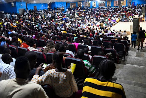 People attend the Kilkilu Ana weekly comedy show, which loosely translates to "Tickle Me" in Arabic, at the Nyakuron Cultural Centre in Juba, South Sudan March 7, 2024.