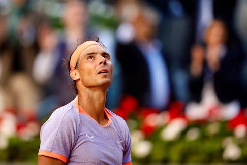 Tennis - Madrid Open - Park Manzanares, Madrid, Spain - April 25, 2024 Spain's Rafael Nadal celebrates winning his round of 128 match against Darwin Blanch of the U.S.