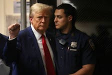 Former U.S. President Donald Trump gestures as he returns from a break in his trial at Manhattan Criminal Court in New York, U.S., on Thursday, April 25, 2024. Trump faces 34 felony counts of falsifying business records as part of an alleged scheme to silence claims of extramarital sexual encounters during his 2016 presidential campaign. Spencer Platt/Pool via