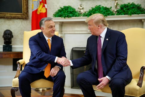 U.S. President Donald Trump greets Hungary's Prime Minister Viktor Orban in the Oval Office at the White House in Washington, U.S., May 13, 2019.