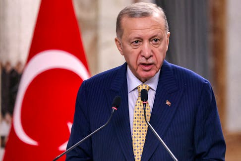Turkey's President Recep Tayyip Erdogan speaks during a joint statement to the media in Baghdad, Iraq April 22, 2024.     AHMAD AL-RUBAYE/Pool via