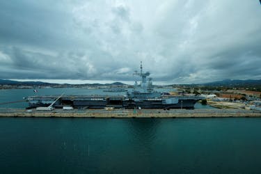 A general view of Charles De Gaulle, the French aircraft carrier docked in the French Navy base of Toulon, France, November 9, 2022.