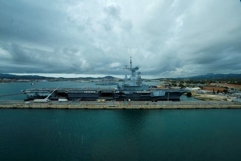 A general view of Charles De Gaulle, the French aircraft carrier docked in the French Navy base of Toulon, France, November 9, 2022.