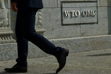 A logo is pictured outside the World Trade Organization (WTO) in Geneva, Switzerland, September 28, 2021.