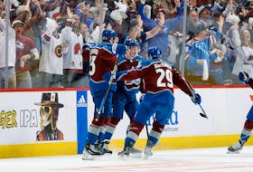 Apr 26, 2024; Denver, Colorado, USA; Colorado Avalanche right wing Valeri Nichushkin (13) celebrates his goal with defenseman Cale Makar (8) and center Nathan MacKinnon (29) in the third period against the Winnipeg Jets in game three of the first round of the 2024 Stanley Cup Playoffs at Ball Arena. Mandatory Credit: Isaiah J. Downing-USA TODAY Sports