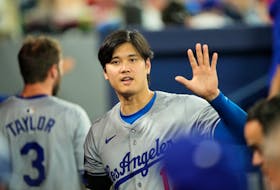 Apr 26, 2024; Toronto, Ontario, CAN; Los Angeles Dodgers two-way player Shohei Ohtani (17) celebrates a run against the Toronto Blue Jays during the sixth inning at Rogers Centre. Mandatory Credit: Kevin Sousa-USA TODAY Sports