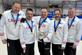 Canada's Paul Flemming rink, out of the Halifax Curling Club, won gold at the world senior men's curling championship in Ostersund, Sweden, on Saturday. From left are: From left are: Flemming, third Peter Burgess, second Martin Gavin, lead Kris Granchelli and alternate Kevin Ouelette. - Curling Canada