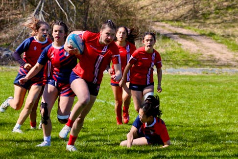 King’s-Edgehill’s Ava Shearer wasn’t one to mess with during the Highlanders opening match against Rothesay. KES won the bout 36-0 during Day 1 action at the 2024 Highlanders Rugby Classic in Windsor.