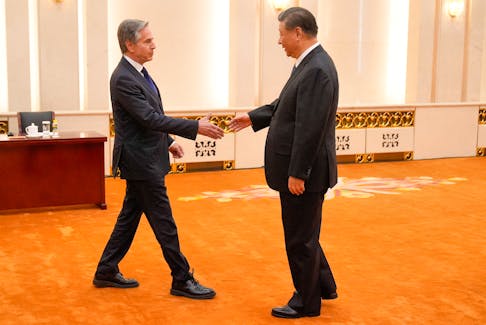 U.S. Secretary of State Antony Blinken meets with Chinese President Xi Jinping at the Great Hall of the People, in Beijing, China, April 26, 2024. Mark Schiefelbein/Pool via REUTERS