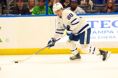 Apr 17, 2024; Tampa, Florida, USA; Toronto Maple Leafs right wing William Nylander (88) skates with the puck against the Tampa Bay Lightning during the second period at Amalie Arena. Mandatory Credit: Kim Klement Neitzel-USA TODAY Sports/ File Photo