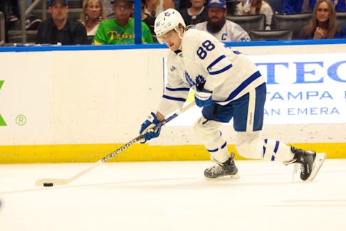 Apr 17, 2024; Tampa, Florida, USA; Toronto Maple Leafs right wing William Nylander (88) skates with the puck against the Tampa Bay Lightning during the second period at Amalie Arena. Mandatory Credit: Kim Klement Neitzel-USA TODAY Sports/ File Photo