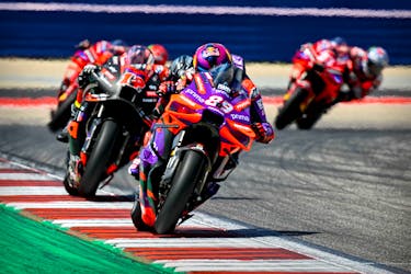 Apr 14, 2024; Austin, TX, USA; Jorge Martin (89) of Spain and Prima Pramac Racing and Maverick Vinales (12) of Spain and Aprilia Racing rides during the MotoGP Grand Prix of The Americas at Circuit of The Americas. Mandatory Credit: Jerome Miron-USA TODAY Sports/ File Photo