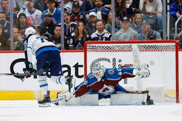 Apr 26, 2024; Denver, Colorado, USA; Colorado Avalanche goaltender Alexandar Georgiev (40) makes a save against Winnipeg Jets center Tyler Toffoli (73) in the second period in game three of the first round of the 2024 Stanley Cup Playoffs at Ball Arena. Mandatory Credit: Isaiah J. Downing-USA TODAY Sports