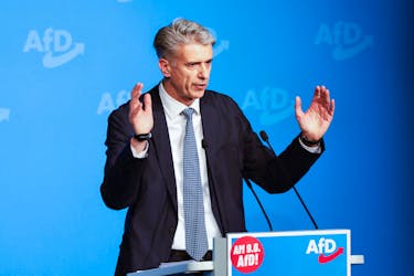Member of the Alternative for Germany (AfD) far-right party Marc Jongen speaks, as the party launches its campaign for highly contested elections in the three east German regions of Saxony, Thuringia, Brandenburg and the European Parliament elections, in Donaueschingen, Germany April 27, 2024.