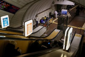 People take shelter inside a metro station during a Russian missile strike, amid Russia's attacks on Ukraine, in Kyiv, Ukraine, April 27, 2024.