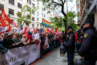 People gather outside Spain's Socialist Party (PSOE) headquarters to show support for the Secretary General of PSOE and Prime Minister Pedro Sanchez, in Madrid, Spain April 27, 2024.