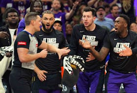 Apr 26, 2024; Phoenix, Arizona, USA; Phoenix Suns bench players react toward referee JB DeRosa (22) during the first half of game three of the first round for the 2024 NBA playoffs against the Minnesota Timberwolves at Footprint Center. Mandatory Credit: Joe Camporeale-USA TODAY Sports
