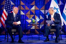 U.S. President Joe Biden, left, meets with Israeli Prime Minister Benjamin Netanyahu, right, to discuss the ongoing conflict between Israel and Hamas, in Tel Aviv, Israel, Wednesday, Oct. 18, 2023. Miriam Alster/Pool via