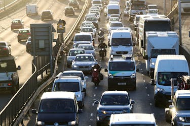 Vehicles sitting in traffic approach the Blackwall Tunnel, as Britain will ban the sale of new petrol and diesel cars and vans from 2030, five years earlier than previously planned, in London, Britain, November 18, 2020.