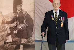 Left, Greg MacNeil is shown in ceremonial regalia from his time spent in the West Nova Scotia Regiment during the Second World War. Many soldiers had photos like this taken before and after the war. Right, MacNeil stands in front of his nation’s flag at the legion in Dominion. CONTRIBUTED