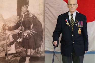 Left, Greg MacNeil is shown in ceremonial regalia from his time spent in the West Nova Scotia Regiment during the Second World War. Many soldiers had photos like this taken before and after the war. Right, MacNeil stands in front of his nation’s flag at the legion in Dominion. CONTRIBUTED