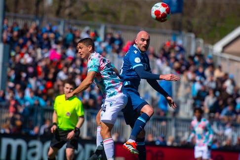 Atlético Ottawa midfielder Manuel Aparicio and HFX Wanderers midfielder Jérémy Gagnon-Laparé leap for the ball during Saturday's Canadian Premier League match at the Wanderers Grounds on April 27, 2024. Ottawa won the match 3-1.
Ryan Taplin - The Chronicle Herald