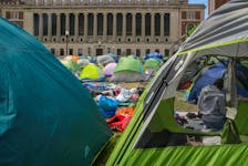 Students continue to maintain a protest encampment on the main campus of Columbia University in support of Palestinians, during the ongoing conflict between Israel and the Palestinian Islamist group Hamas, in New York City, U.S., April 27, 2024.