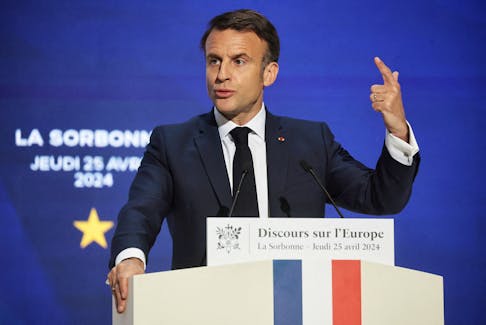 French President Emmanuel Macron delivers a speech on Europe in the amphitheatre of the Sorbonne University in Paris, France, 25 April 2024. Christophe Petit Tesson/Pool via