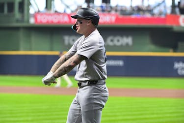 Apr 27, 2024; Milwaukee, Wisconsin, USA; New York Yankees outfielder Alex Verdugo (24) celebrates hitting a home run against the Milwaukee Brewers in the first inning  at American Family Field. Mandatory Credit: Michael McLoone-USA TODAY Sports