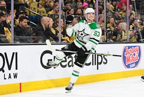 Apr 27, 2024; Las Vegas, Nevada, USA; Dallas Stars center Wyatt Johnston (53) celebrates his overtime goal against the Vegas Golden Knights in game three of the first round of the 2024 Stanley Cup Playoffs at T-Mobile Arena. Mandatory Credit: Candice Ward-USA TODAY Sports