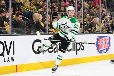 Apr 27, 2024; Las Vegas, Nevada, USA; Dallas Stars center Wyatt Johnston (53) celebrates his overtime goal against the Vegas Golden Knights in game three of the first round of the 2024 Stanley Cup Playoffs at T-Mobile Arena. Mandatory Credit: Candice Ward-USA TODAY Sports
