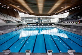 Interior view of the Olympic Aquatics Centre (CAO), a multifunctional venue for the 2024 Paris Olympic Games construction site which is under the management of the "Metropole Grand Paris" in Saint-Denis, near Paris, France, March 28, 2024.