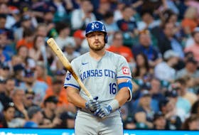 Apr 27, 2024; Detroit, Michigan, USA; Kansas City Royals outfielder Hunter Renfroe (16) looks on during an at bat in the eighth inning against the Detroit Tigers at Comerica Park. Mandatory Credit: Brian Bradshaw Sevald-USA TODAY Sports