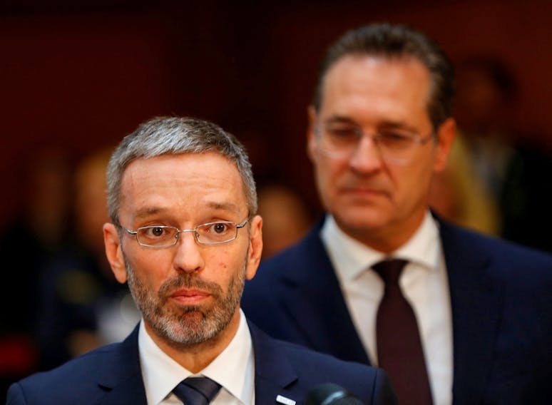 Austrian Interior Minister Herbert Kickl and Vice Chancellor Heinz-Christian Strache attend a news conference in Vienna, Austria May 15, 2019.