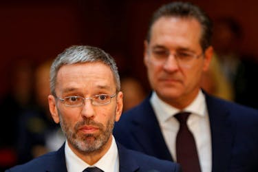 Austrian Interior Minister Herbert Kickl and Vice Chancellor Heinz-Christian Strache attend a news conference in Vienna, Austria May 15, 2019.
